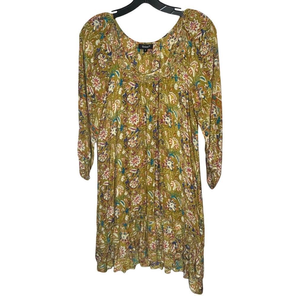 Tolani Fall Floral Boho Trendy 3/4 Sleeve 100% Silk Luxury Mini Dress Size Small